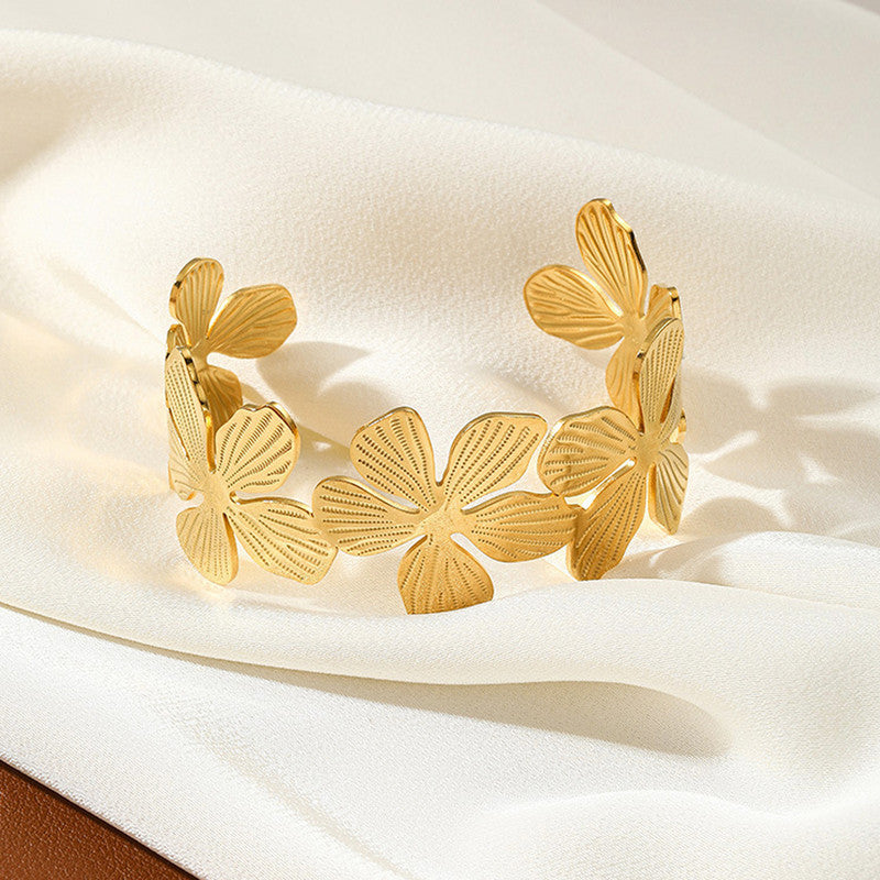 Gold Plated Anti Tarnish Stainless Steel Floral Themed Cuff Bracelet