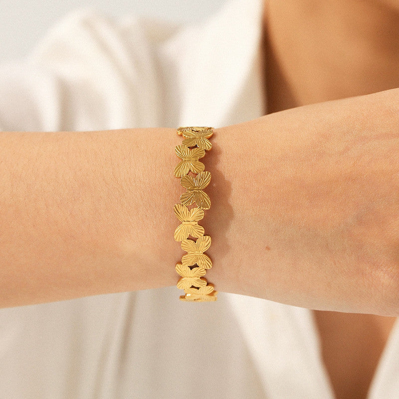Gold Stainless Steel Butterfly Themed Cuff Bracelet