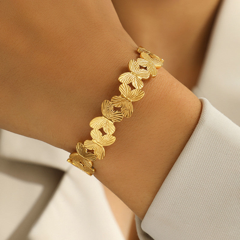 Gold Stainless Steel Butterfly Themed Cuff Bracelet