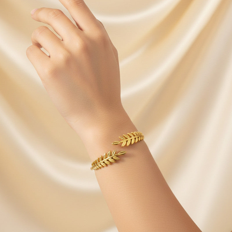Gold Stainless Steel Leaf Themed Cuff Bracelet
