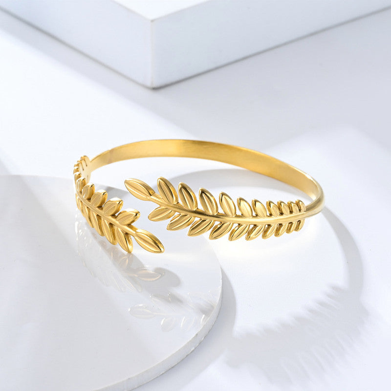 Gold Stainless Steel Leaf Themed Cuff Bracelet