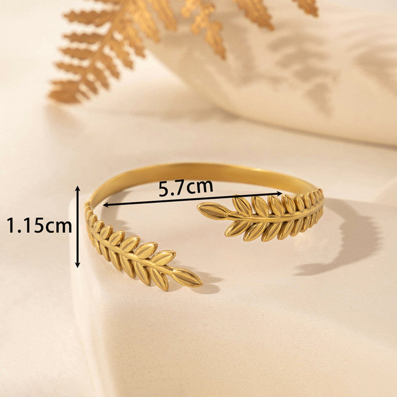 Gold Stainless Steel Leaf Themed Cuff Bracelet