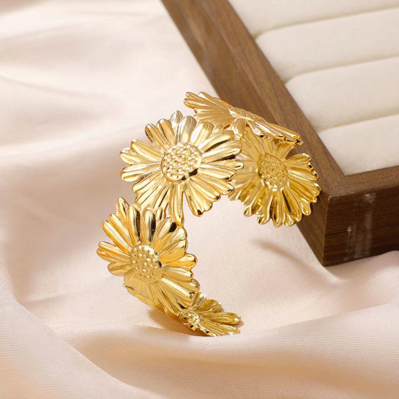 Gold Stainless Steel Floral Themed Cuff Bracelet