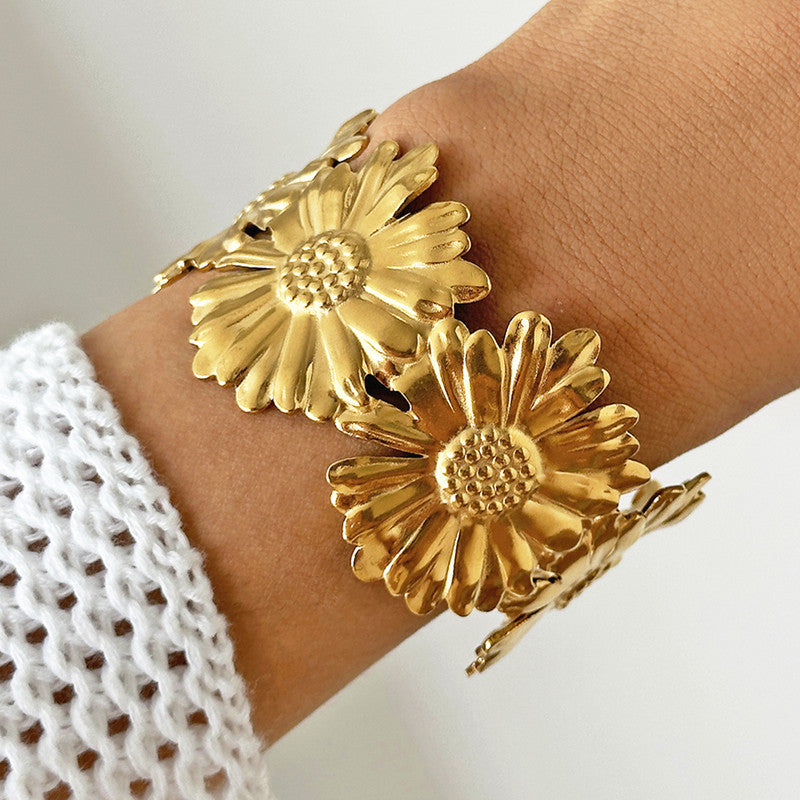 Gold Stainless Steel Floral Themed Cuff Bracelet