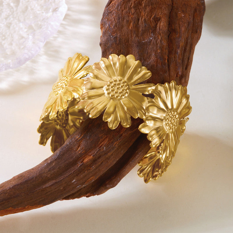 Gold Stainless Steel Floral Themed Cuff Bracelet