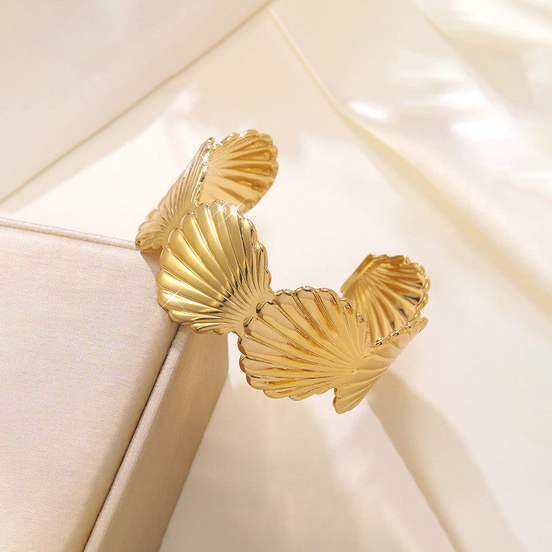 Gold Stainless Steel Shell Themed Cuff Bracelet