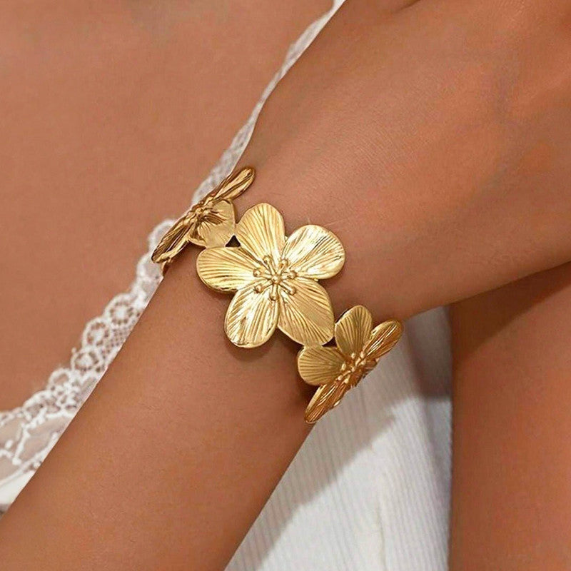 Gold Stainless Steel Floral Themed Cuff Bracelet