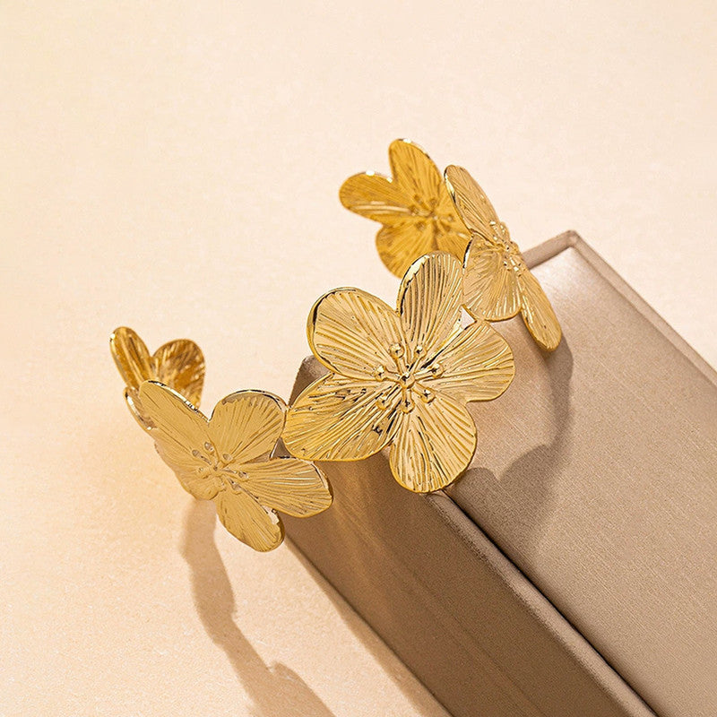 Gold Stainless Steel Floral Themed Cuff Bracelet