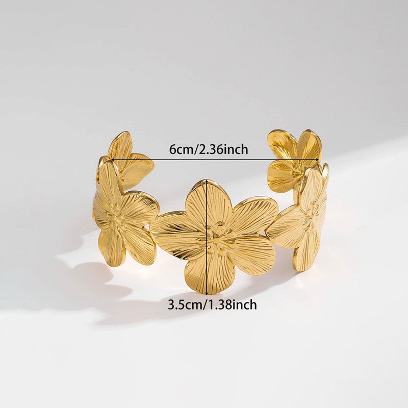 Gold Stainless Steel Floral Themed Cuff Bracelet