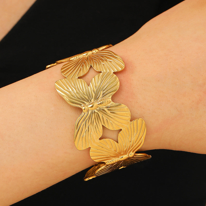 Gold Stainless Steel Butterfly Themed Cuff Bracelet