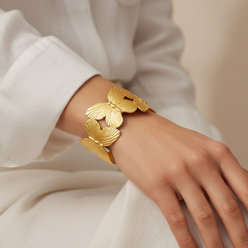 Gold Stainless Steel Butterfly Themed Cuff Bracelet