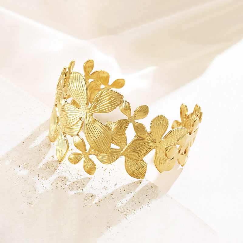 Gold Stainless Steel Floral Themed Cuff Bracelet
