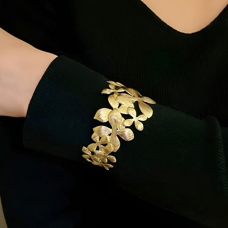 Gold Stainless Steel Floral Themed Cuff Bracelet