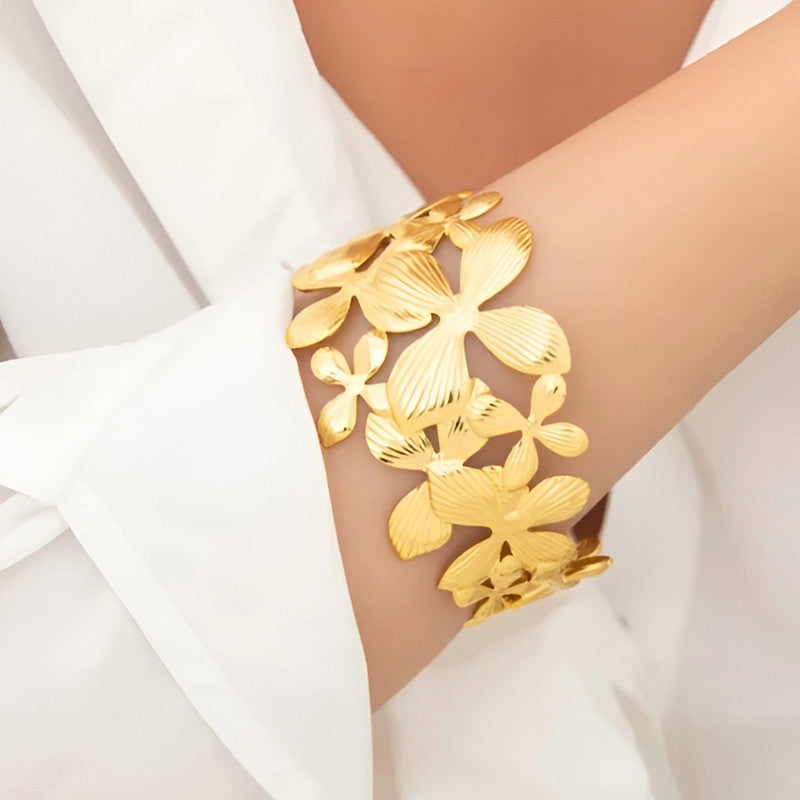 Gold Stainless Steel Floral Themed Cuff Bracelet