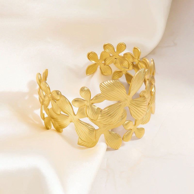 Gold Stainless Steel Floral Themed Cuff Bracelet