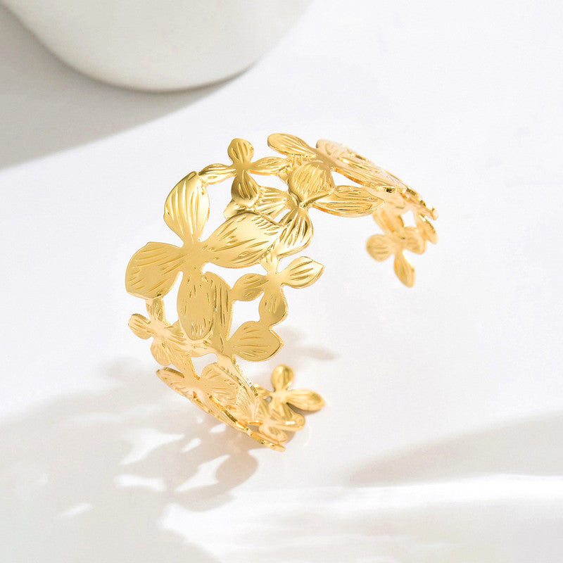 Gold Stainless Steel Floral Themed Cuff Bracelet