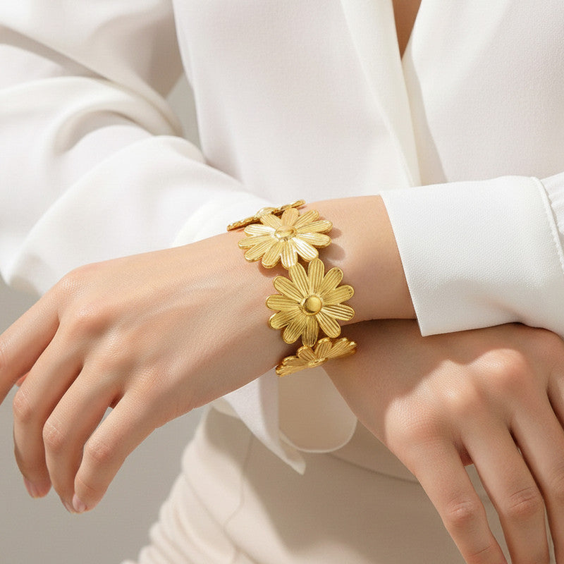 Gold Stainless Steel Floral Themed Cuff Bracelet