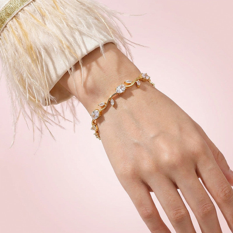Gold Plated White Stones Studded Anti Tarnish Tulip Bracelet