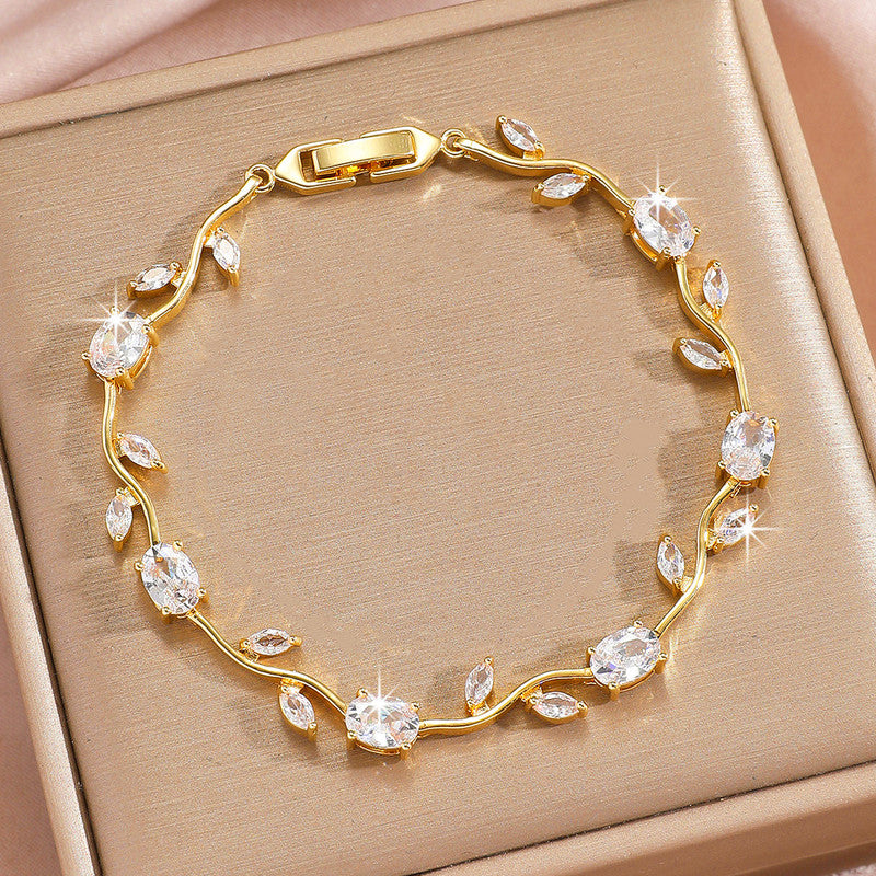 Gold Plated White Stones Studded Anti Tarnish Tulip Bracelet