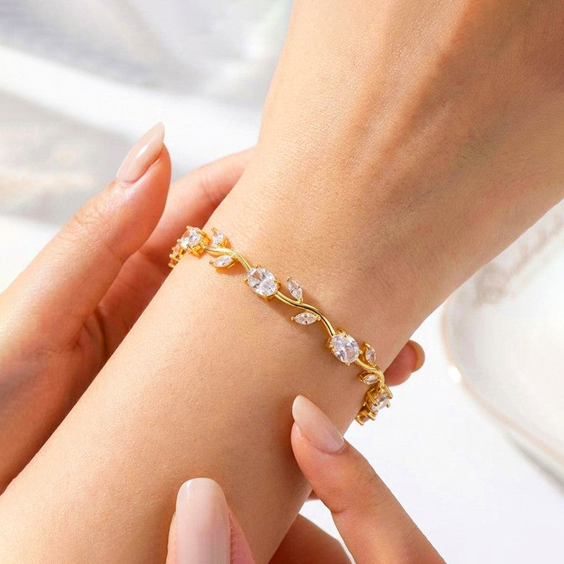 Gold Plated White Stones Studded Anti Tarnish Tulip Bracelet
