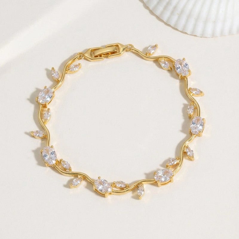Gold Plated White Stones Studded Anti Tarnish Tulip Bracelet