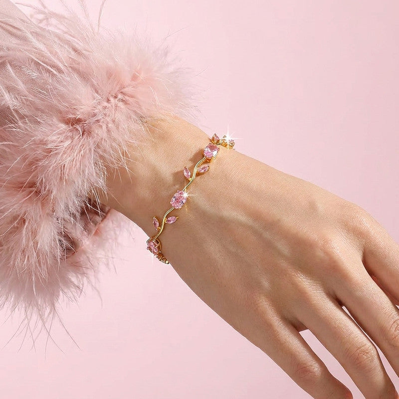 Gold Plated Pink Stones Studded Anti Tarnish Tulip Bracelet