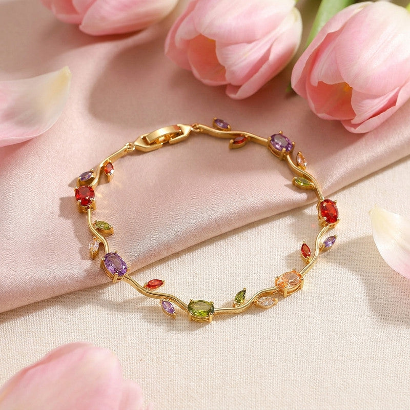 Gold Plated Multicolor Stones Studded Anti Tarnish Tulip Bracelet