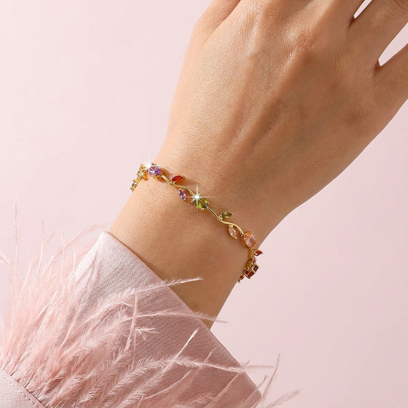 Gold Plated Multicolor Stones Studded Anti Tarnish Tulip Bracelet