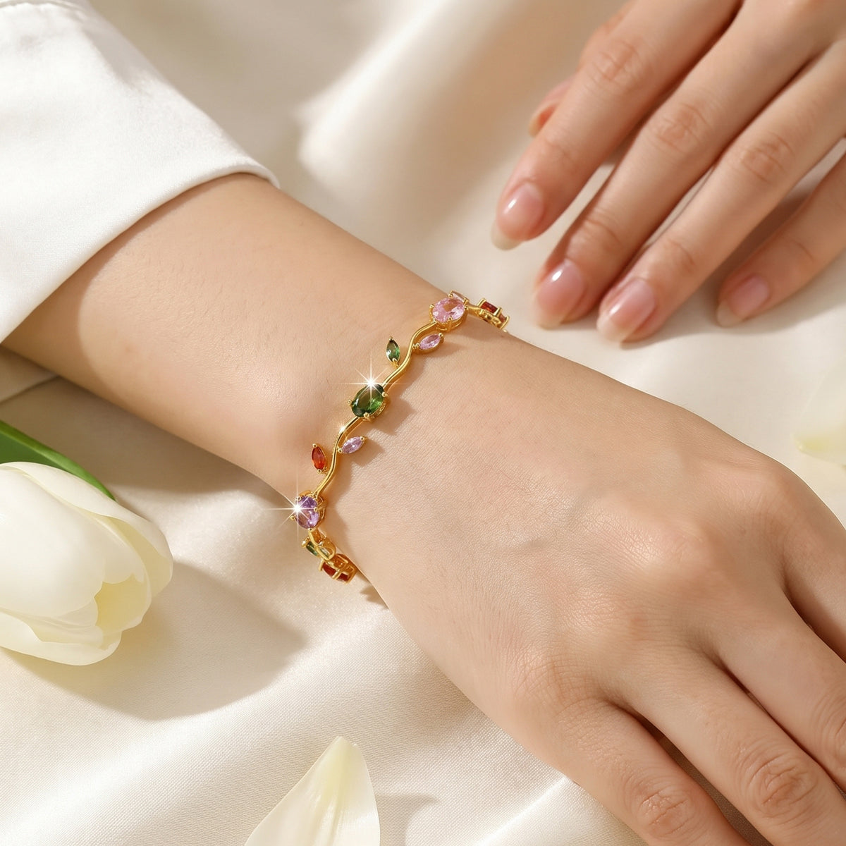 Gold Plated Multicolor Stones Studded Anti Tarnish Tulip Bracelet