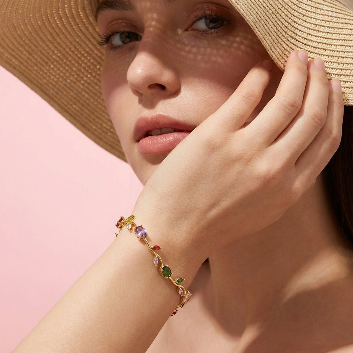 Gold Plated Multicolor Stones Studded Anti Tarnish Tulip Bracelet