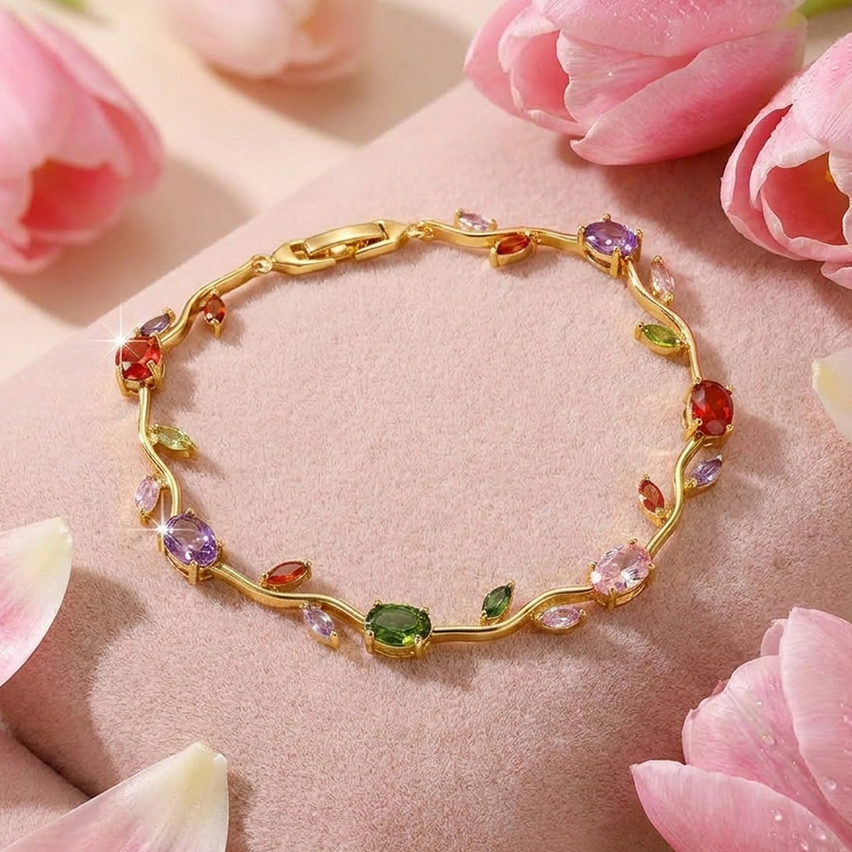Gold Plated Multicolor Stones Studded Anti Tarnish Tulip Bracelet
