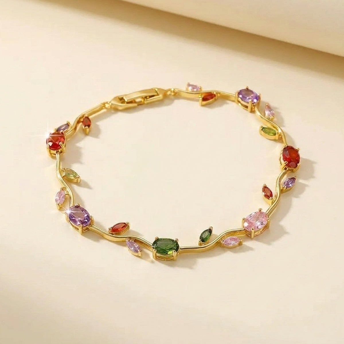 Gold Plated Multicolor Stones Studded Anti Tarnish Tulip Bracelet