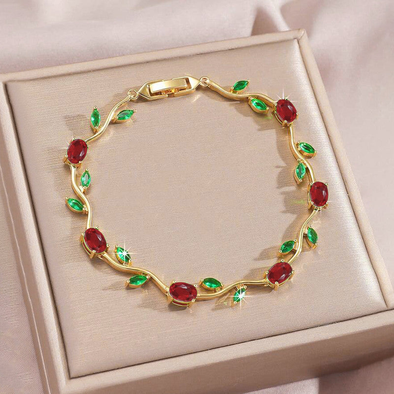 Gold Plated Multicolor Stones Studded Anti Tarnish Tulip Bracelet