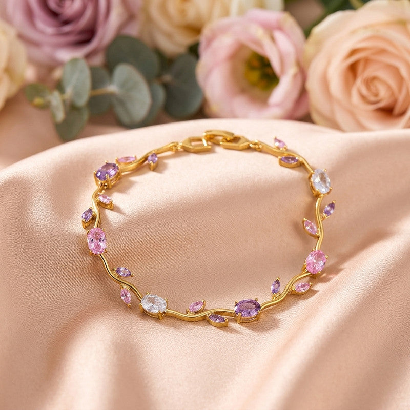 Gold Plated Multicolor Stones Studded Anti Tarnish Tulip Bracelet