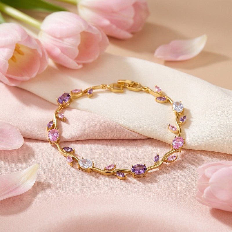 Gold Plated Multicolor Stones Studded Anti Tarnish Tulip Bracelet