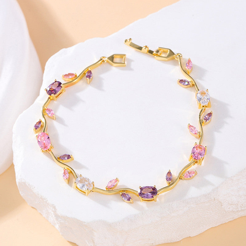 Gold Plated Multicolor Stones Studded Anti Tarnish Tulip Bracelet