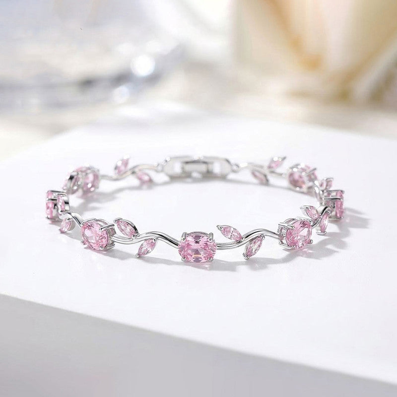 Silver Plated Pink Stones Studded Anti Tarnish Tulip Bracelet