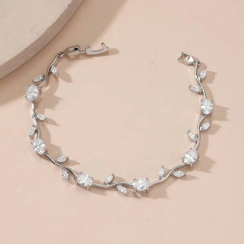 Silver Plated White Stones Studded Anti Tarnish Tulip Bracelet