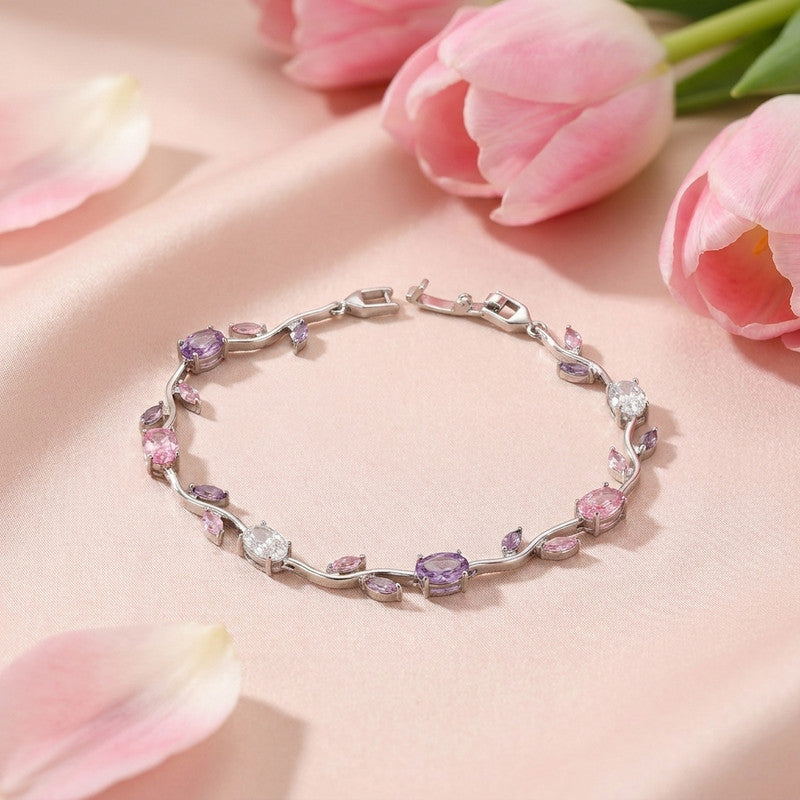 Silver Plated Multicolor Stones Studded Anti Tarnish Tulip Bracelet