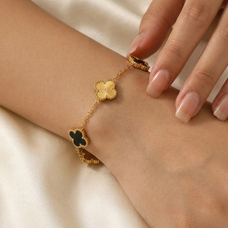 Stainless Steel Anti-Tarnish Clover Black Mother of Pearl Link Bracelet For Women
