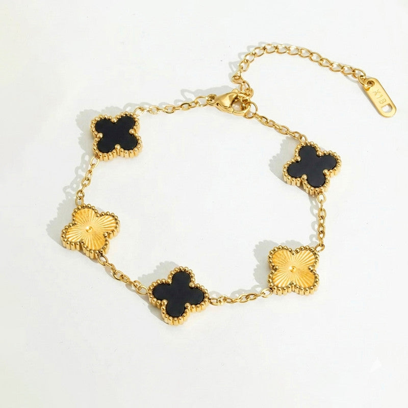 Stainless Steel Anti-Tarnish Clover Black Mother of Pearl Link Bracelet For Women