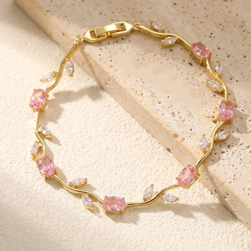Gold Plated Pink and White Stones Studded Anti Tarnish Tulip Bracelet