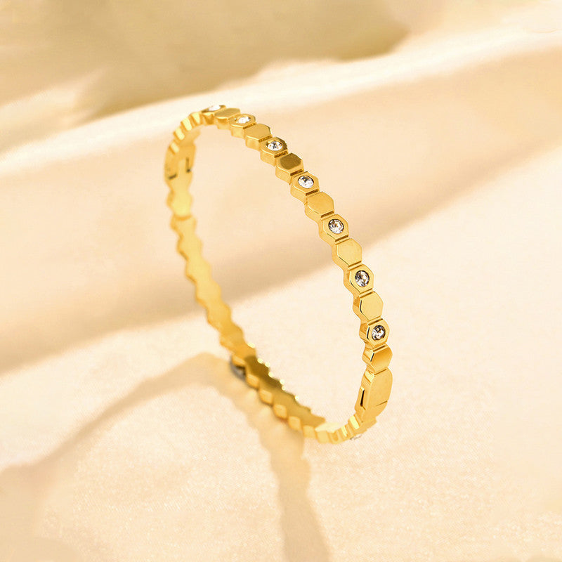 Gold-Plated AD Bangle-Style Hexagonal Anti Tarnish Bracelet