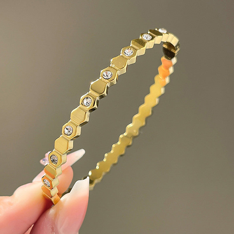 Gold-Plated AD Bangle-Style Hexagonal Anti Tarnish Bracelet