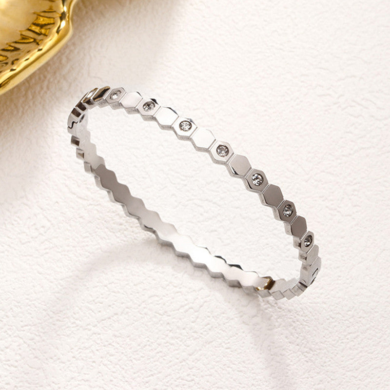 Silver-Plated AD Bangle-Style Hexagonal Anti Tarnish Bracelet