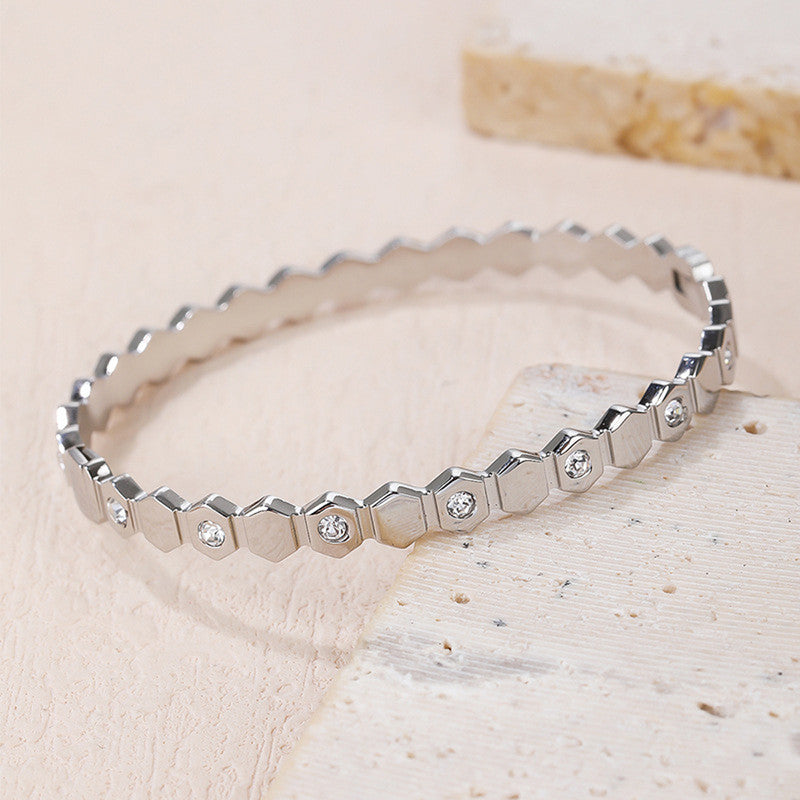 Silver-Plated AD Bangle-Style Hexagonal Anti Tarnish Bracelet