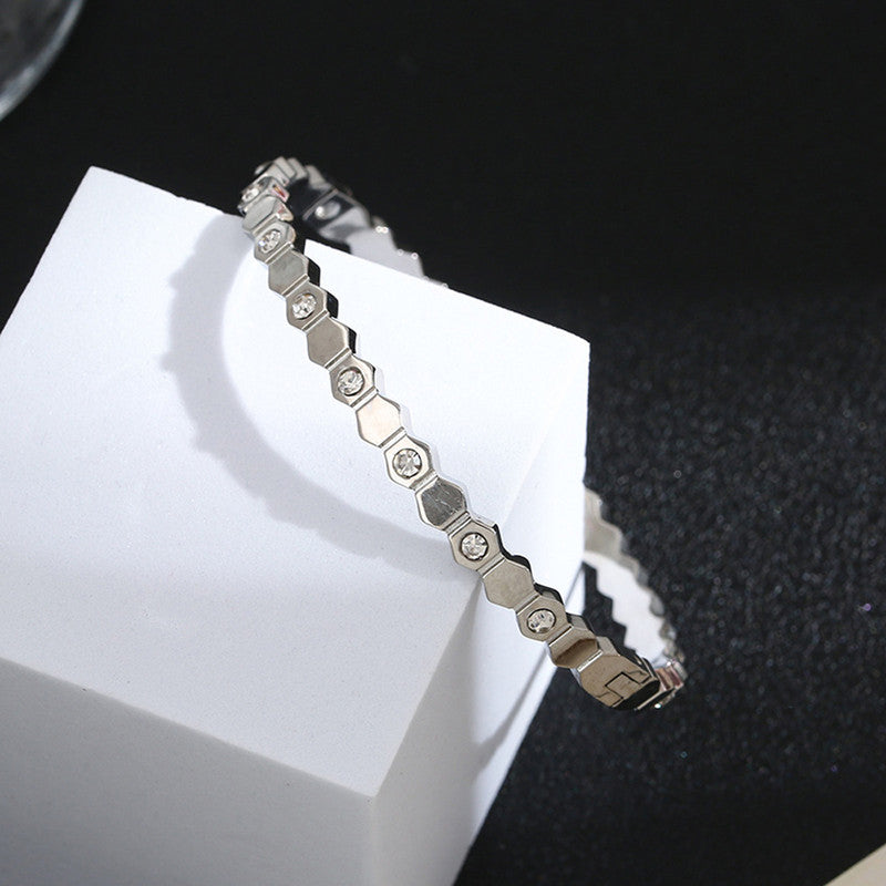 Silver-Plated AD Bangle-Style Hexagonal Anti Tarnish Bracelet