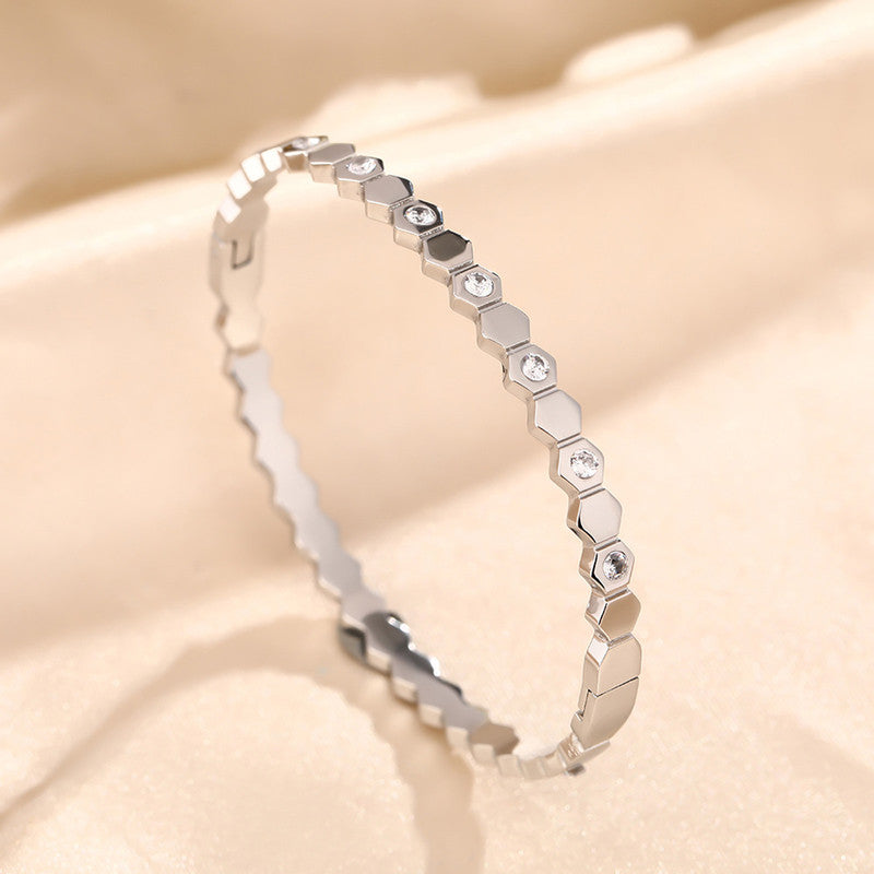 Silver-Plated AD Bangle-Style Hexagonal Anti Tarnish Bracelet