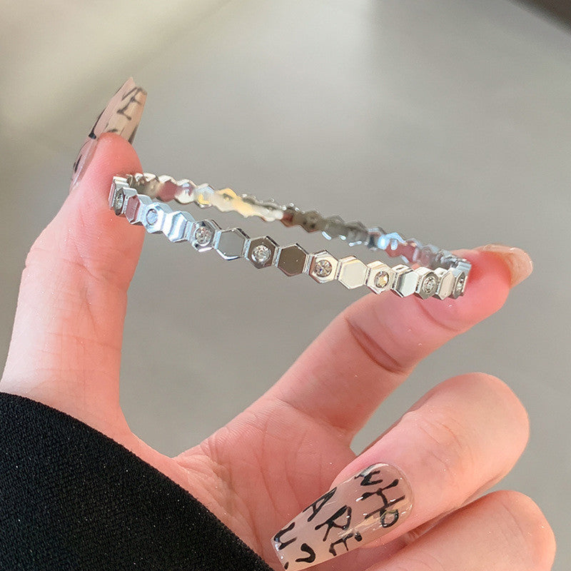 Silver-Plated AD Bangle-Style Hexagonal Anti Tarnish Bracelet