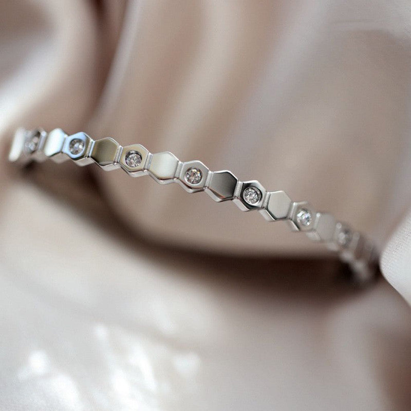 Silver-Plated AD Bangle-Style Hexagonal Anti Tarnish Bracelet